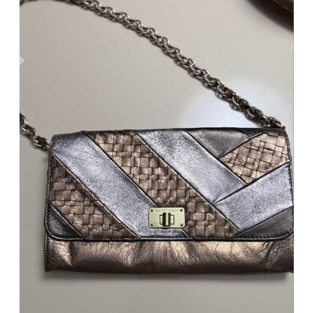 Elliott Lucca Metallic Bronze Leather Clutch Crossbody Bag Woven Panel Chain Str